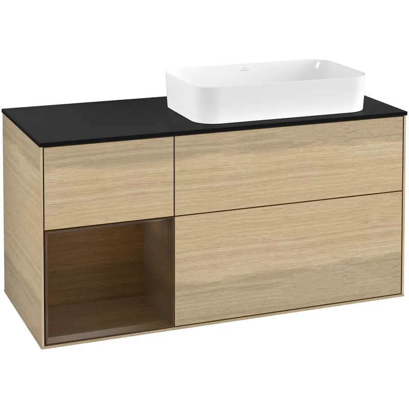Tvättställsskåp Villeroy & BochFinion med 3 Lådor Hylla och Bänkskiva för Ocentrerat Fristående TvättställEkfanér/Valnötsfanér med bänkskiva i Mattsvart glas med Väggbelysning, Lucka Vänster utan Blandarhål | Bra pris